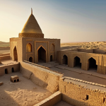 **Ancient Turkmen city ruins:** Golden light illuminating the ancient ruins of a city in Turkmenistan, perhaps along the Silk Road. Focus on texture and historical atmosphere.