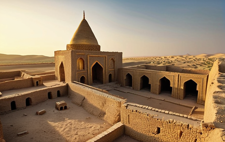 **Ancient Turkmen city ruins:** Golden light illuminating the ancient ruins of a city in Turkmenistan, perhaps along the Silk Road. Focus on texture and historical atmosphere.