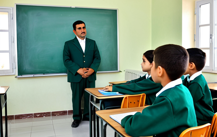 **

A modern classroom in Turkmenistan. Students are fully clothed in school uniforms, attentively listening to a teacher who is explaining a lesson on a digital whiteboard. The classroom is equipped with modern computers and educational resources. Safe for work, appropriate content, fully clothed, professional, modest, family-friendly, perfect anatomy, natural proportions, professional photography, high quality.

**
