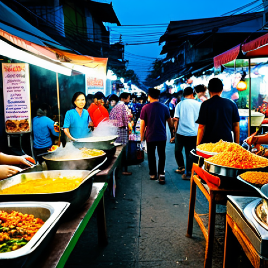 **

A bustling street food market in Bangkok at dusk, filled with vendors selling delicious Thai dishes. Focus on the vibrant colors of the food stalls, the steam rising from the cooking pots, and the friendly faces of the vendors. People are dressed in everyday Thai clothing. Include details like Thai script on signs and traditional decorations. Safe for work.

**