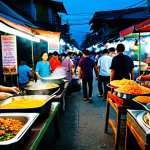 **

A bustling street food market in Bangkok at dusk, filled with vendors selling delicious Thai dishes. Focus on the vibrant colors of the food stalls, the steam rising from the cooking pots, and the friendly faces of the vendors. People are dressed in everyday Thai clothing. Include details like Thai script on signs and traditional decorations. Safe for work.

**