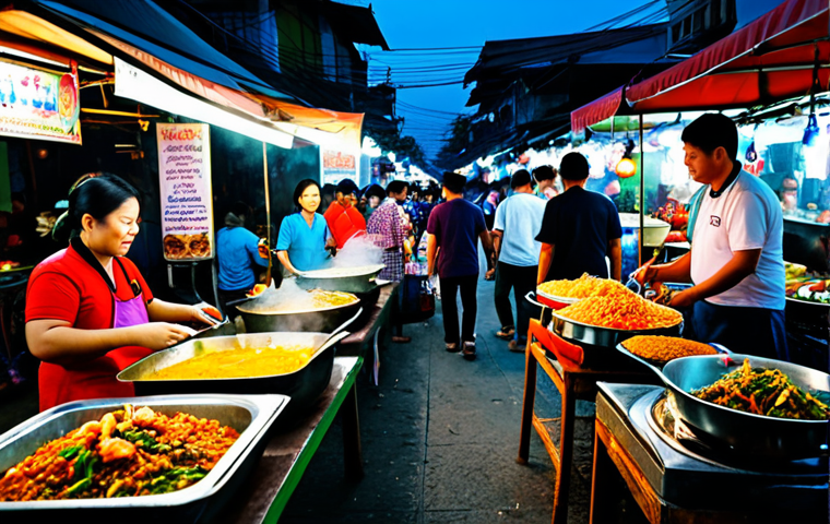 **

A bustling street food market in Bangkok at dusk, filled with vendors selling delicious Thai dishes. Focus on the vibrant colors of the food stalls, the steam rising from the cooking pots, and the friendly faces of the vendors. People are dressed in everyday Thai clothing. Include details like Thai script on signs and traditional decorations. Safe for work.

**