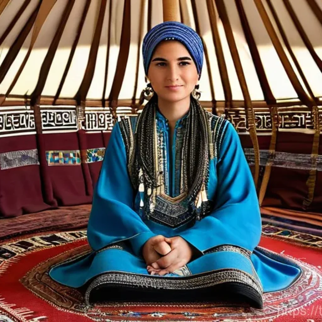 투르크메니스탄 인구 구성 - **"A Turkmen woman, dressed in a vibrant, ankle-length traditional dress adorned with intricate silv...