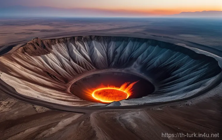 투르크메니스탄 크레이터  지옥의 문 - **Desert Expedition to the Fiery Crater**
    A wide-angle, slightly elevated shot captures a rugged...
