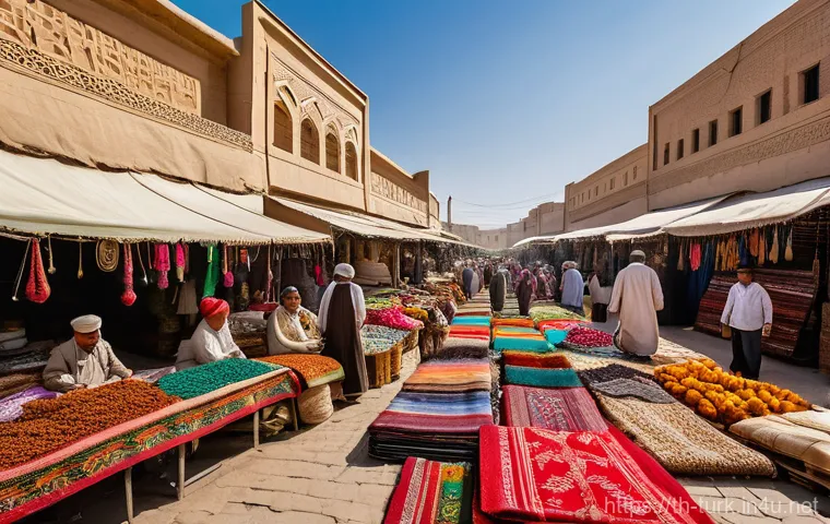 투르크메니스탄에서의 쇼핑 팁 - Vibrant Tolkuchka Bazaar**

"A wide-angle, highly detailed photograph capturing the bustling atmosph...