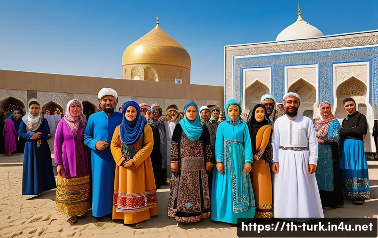 투르크메니스탄 종교와 신앙 - A vibrant Turkmen village scene during a religious festival, showcasing Sunni Muslim families dresse...