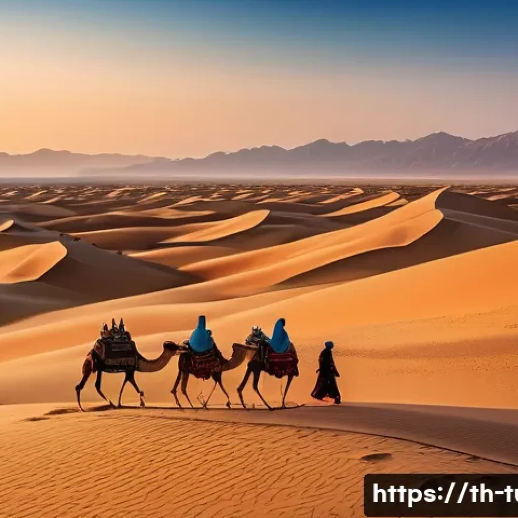 투르크메니스탄 주요 관광지 - A vast Karakum Desert landscape during golden hour, featuring endless rolling sand dunes under a war...