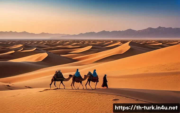 투르크메니스탄 주요 관광지 - A vast Karakum Desert landscape during golden hour, featuring endless rolling sand dunes under a war...