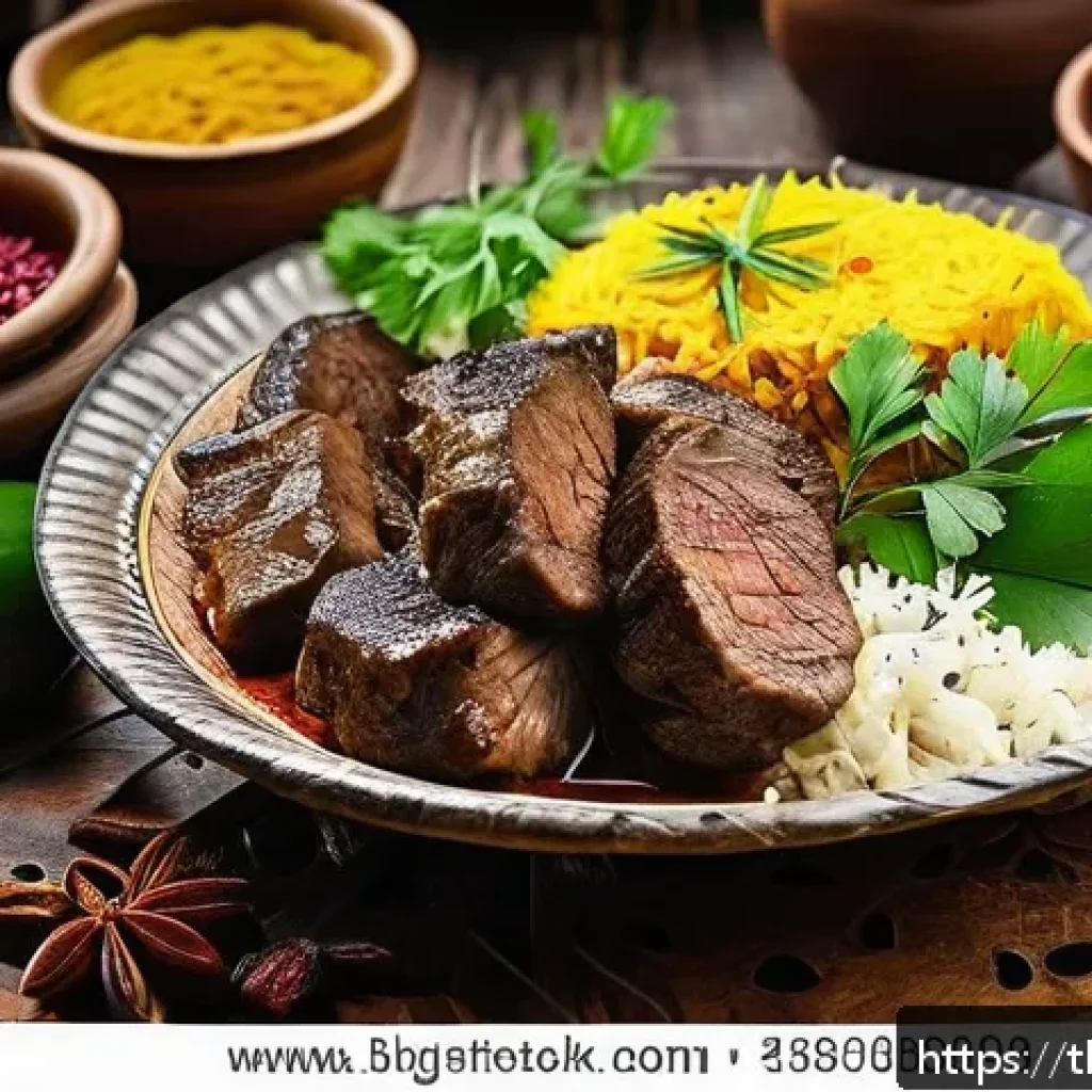 투르크메니스탄 요리법 - A traditional Turkmenistan main course scene featuring a rustic wooden table set outdoors with a ste...