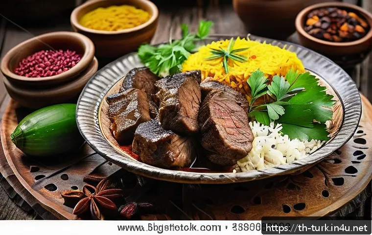 투르크메니스탄 요리법 - A traditional Turkmenistan main course scene featuring a rustic wooden table set outdoors with a ste...