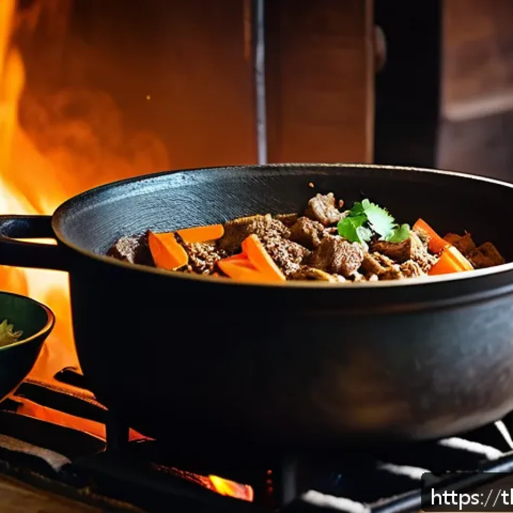투르크메니스탄의 대표 음식 레시피 - A rustic kitchen scene featuring a traditional Turkmenistan dish being prepared with fresh lamb meat...