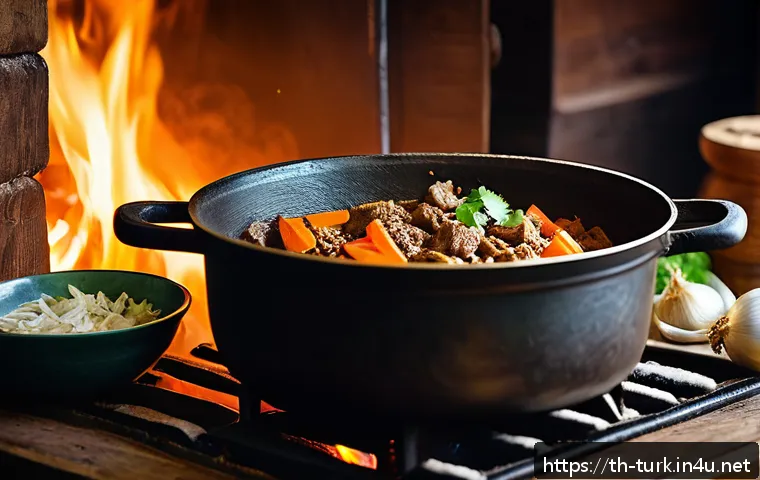 투르크메니스탄의 대표 음식 레시피 - A rustic kitchen scene featuring a traditional Turkmenistan dish being prepared with fresh lamb meat...