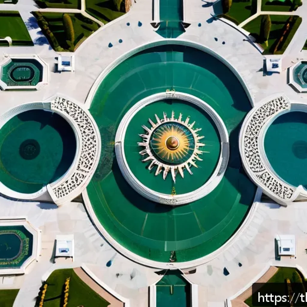 투르크메니스탄 건축 스타일 - A grand public square in Ashgabat, Turkmenistan, showcasing luxurious white marble architecture with...