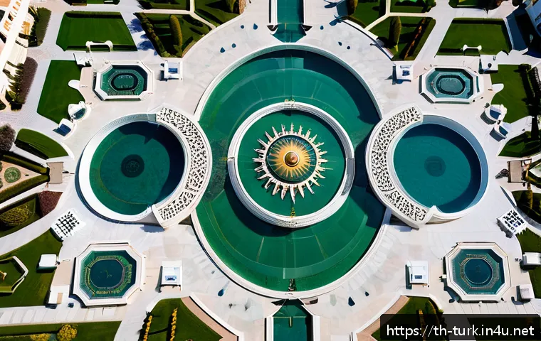 투르크메니스탄 건축 스타일 - A grand public square in Ashgabat, Turkmenistan, showcasing luxurious white marble architecture with...