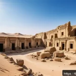 투르크메니스탄 유네스코 세계유산 - A panoramic view of the ancient city ruins of Sargandiyah in the Karakum Desert under a bright blue ...