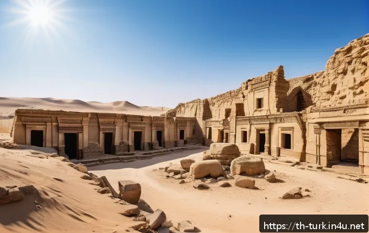 투르크메니스탄 유네스코 세계유산 - A panoramic view of the ancient city ruins of Sargandiyah in the Karakum Desert under a bright blue ...