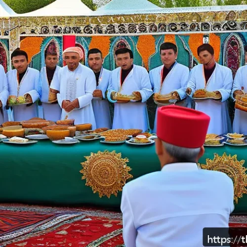 투르크메니스탄에서의 외국인 생활 - A lively Turkmenistan local festival scene in Ashgabat city center, showing warmly dressed people of...