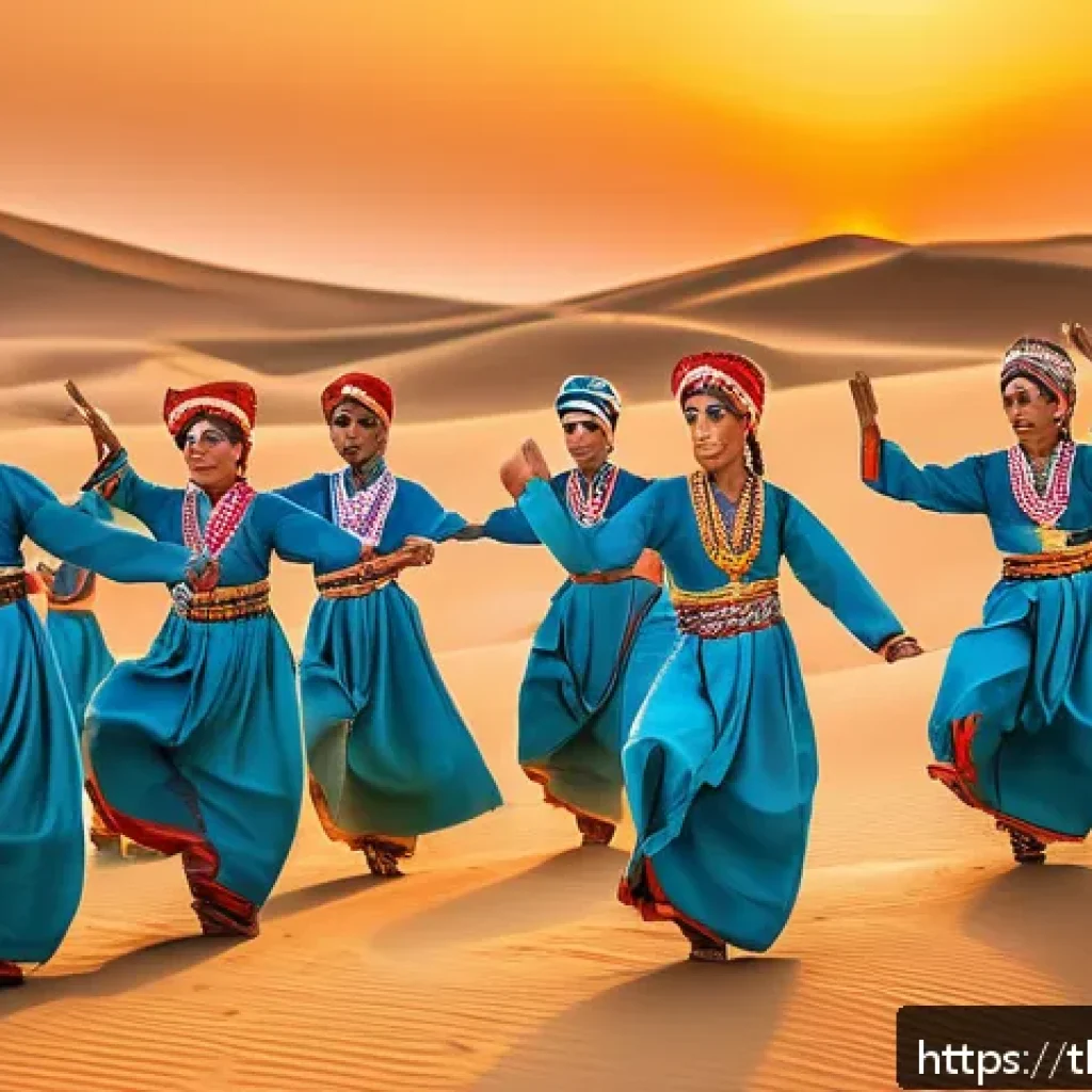 투르크메니스탄에서의 전통 무용 공연 - A vibrant scene of traditional Turkmen dancers performing the Karakum dance outdoors in a desert set...