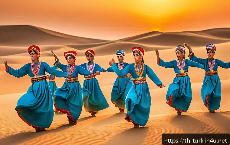 투르크메니스탄에서의 전통 무용 공연 - A vibrant scene of traditional Turkmen dancers performing the Karakum dance outdoors in a desert set...