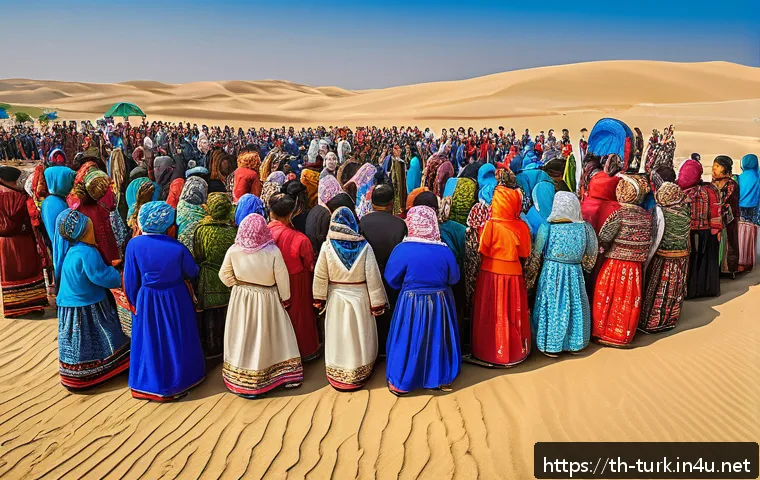 투르크메니스탄 여행 주의사항 - A vibrant scene of a traditional Turkmen festival featuring local people dressed in colorful ethnic ...