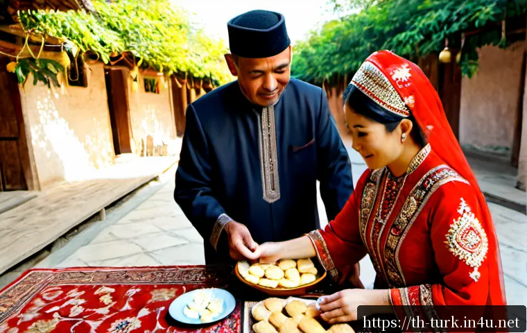 Home 29 투르크메니스탄에서의 전통 의례 - Photorealistic traditional Turkmen wedding blessing inside a sunlit family courtyard, bride in an or...