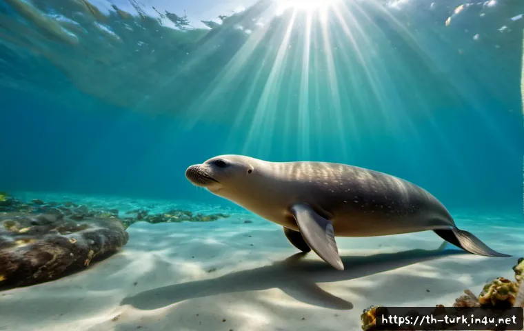 투르크메니스탄의 해양 생태계 - Photorealistic underwater scene in the Caspian Sea off the coast of Turkmenistan, a Caspian seal gli...