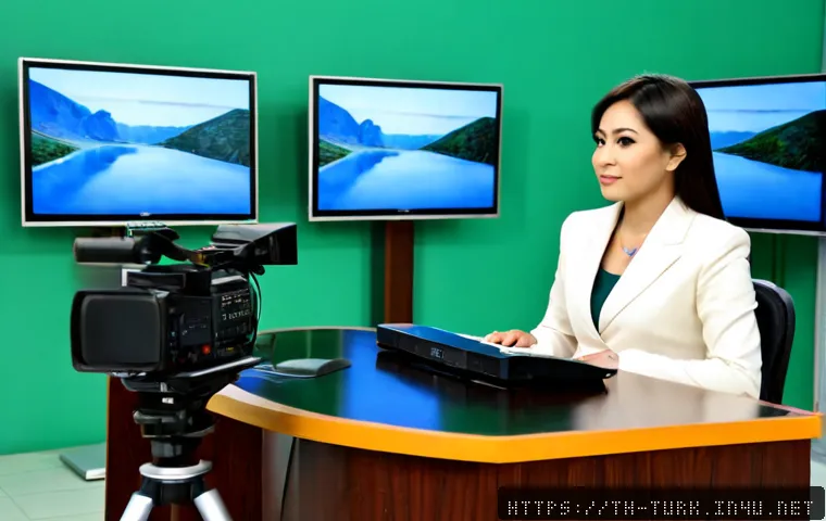 Home 17 투르크메니스탄의 주요 언론사 - Photorealistic modern television newsroom in Ashgabat, Turkmenistan, a professionally dressed Centra...