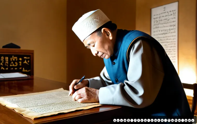 Home 21 투르크메니스탄 언어의 진화 - Photorealistic museum-style study scene illustrating the evolution of the Turkmen language, an elder...