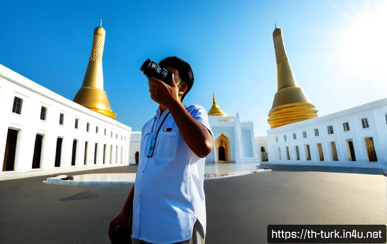Home 13 투르크메니스탄 여행 사진 촬영 팁 - Photorealistic travel photography scene in Ashgabat, Turkmenistan, a Thai traveler in modest summer ...